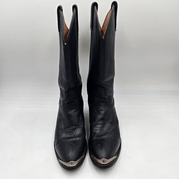 Vintage Mens Cowboy Boots Black Leather sz 8 W Biltrite Metal Tip Pointed Toe - Picture 2 of 8
